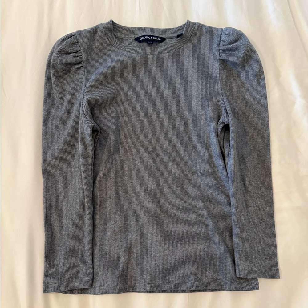 Veronica Beard Gray Puff-Sleeve Long-Sleeve Top